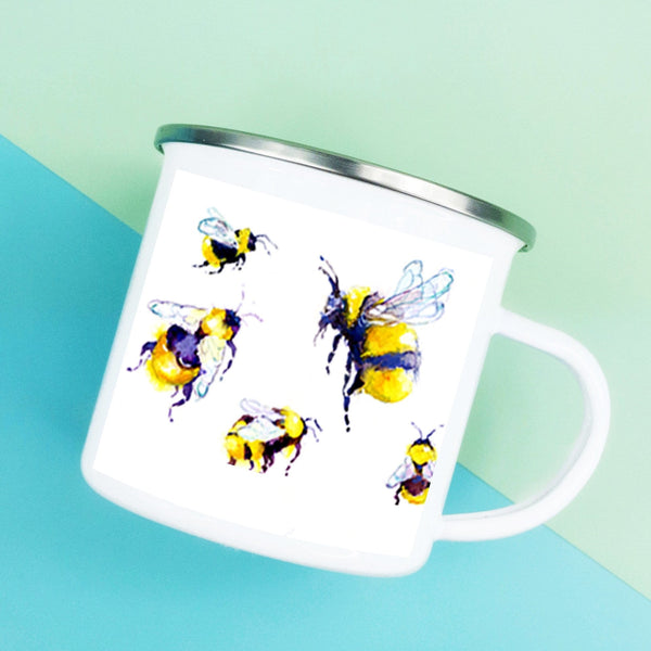 Bees Enamel Mug designed by artist Sheila Gill