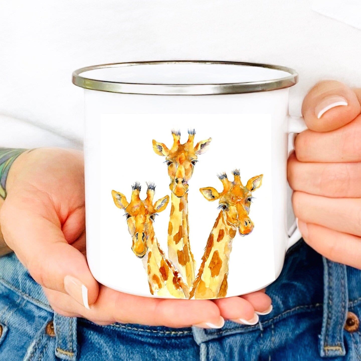 Wild Animal Giraffe Enamel Mug designed by artist Sheila Gill

