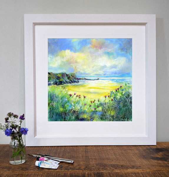 Gower Peninsula wales Fine Art Print in a white wood frame designed by artist Sheila Gill
