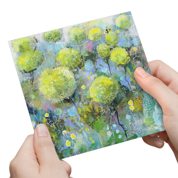 Green Alliums Greeting Card designed by artist Sheila Gill