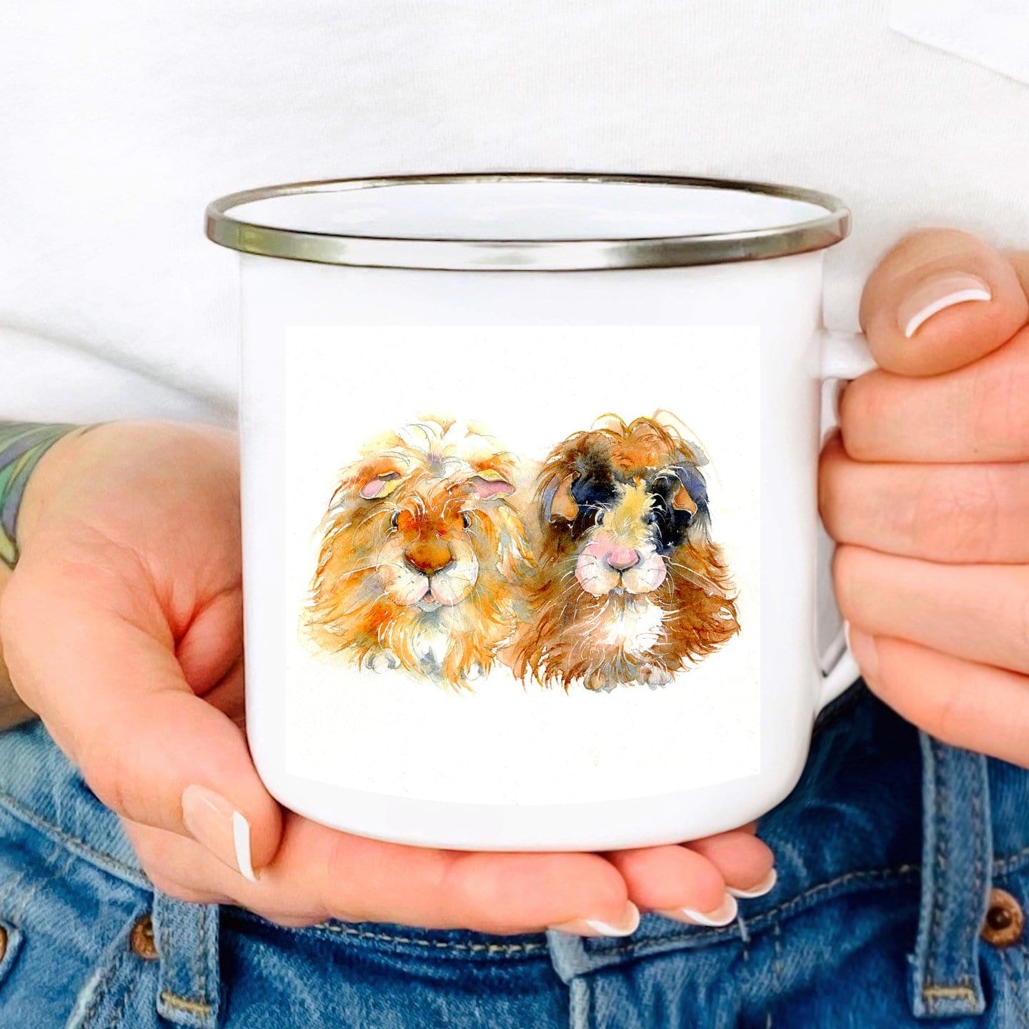 Cute pet brown and white Guinea Pigs Enamel Tin Mug Watercolour painted design by Sheila Gill
