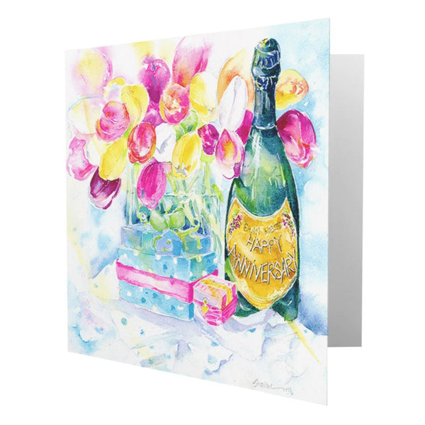 Tulips and a Champagne Anniversary Greeting Card designed by artist Sheila Gill