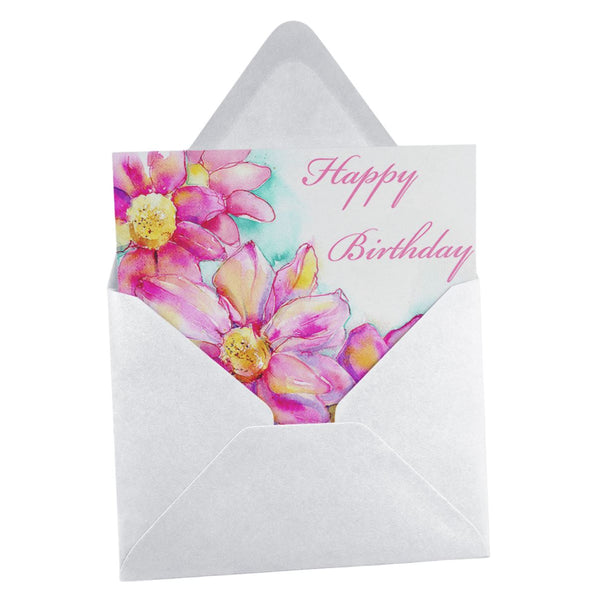 Happy Birthday Pink Daisy Greeting Card designed by artist Sheila Gill