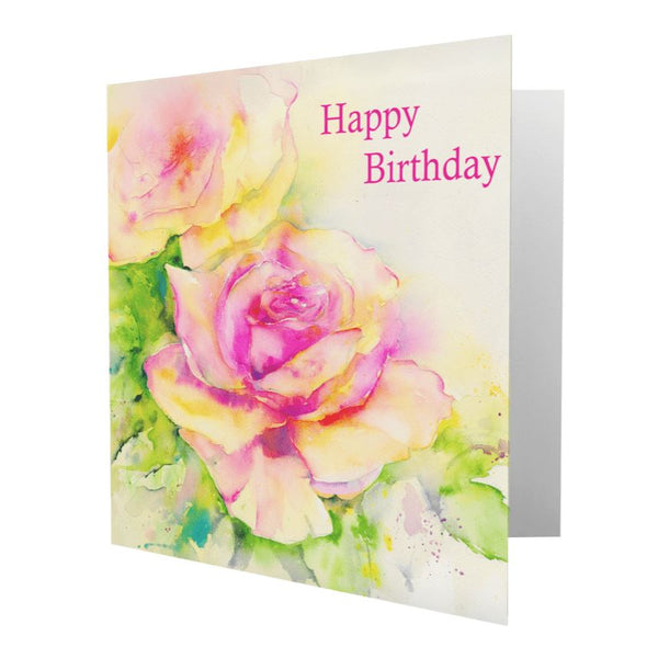 Happy Birthday Pink Rose Card designed by artist Sheila Gill
