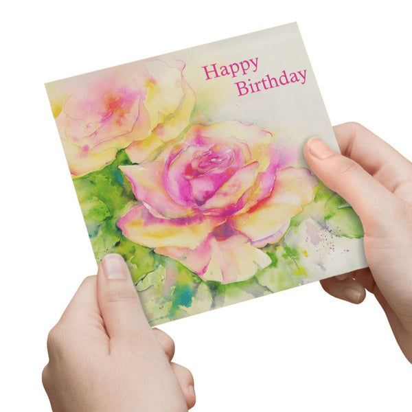 Happy Birthday Pink Rose Card designed by artist Sheila Gill