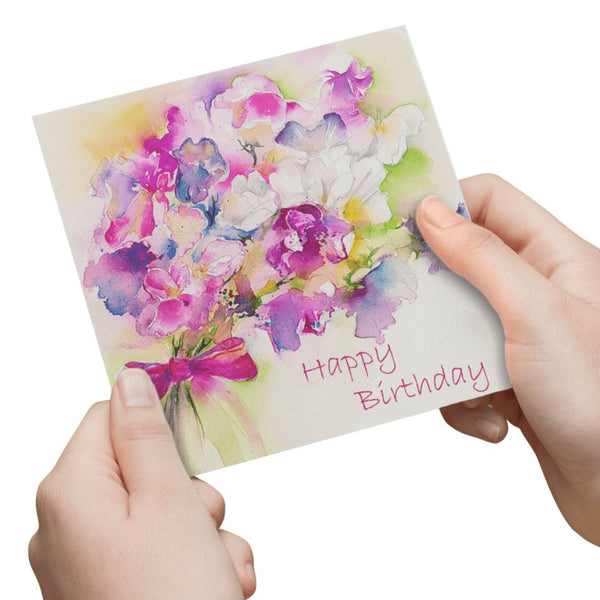 Happy Birthday Sweet Peas Greeting Card designed by artist Sheila Gill
