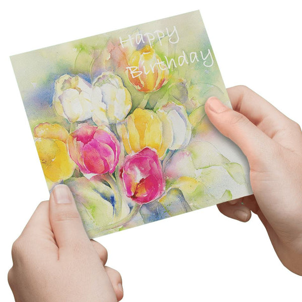 Happy Birthday Tulips Greeting Card designed by artist Sheila Gill