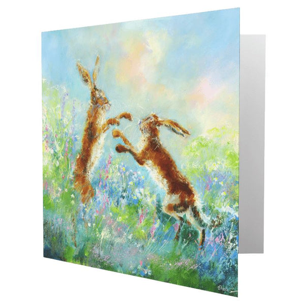 Hares in Action Greeting Card designed by artist Sheila Gill