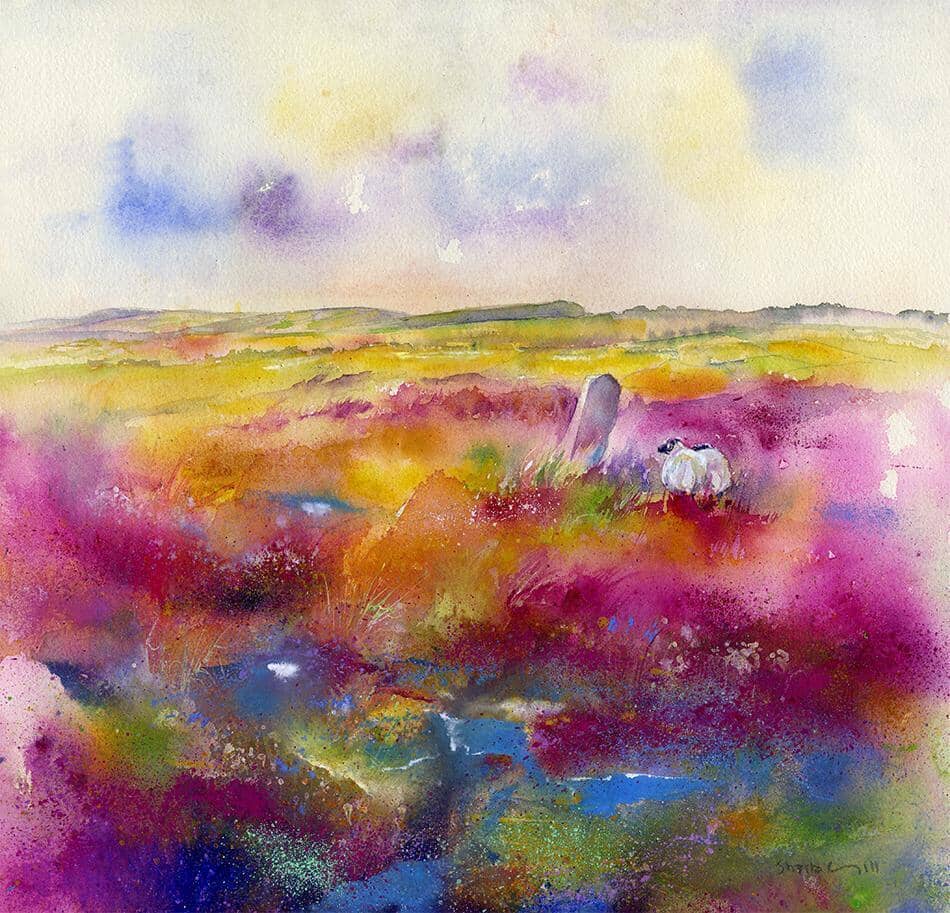 Heather on Beeley Moor Watercolour painting Peak District Derbyshire Art Print by Sheila Gill
