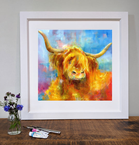 Highland Cow Art Print Framed scottish highland interior design designed by artist Sheila Gill
