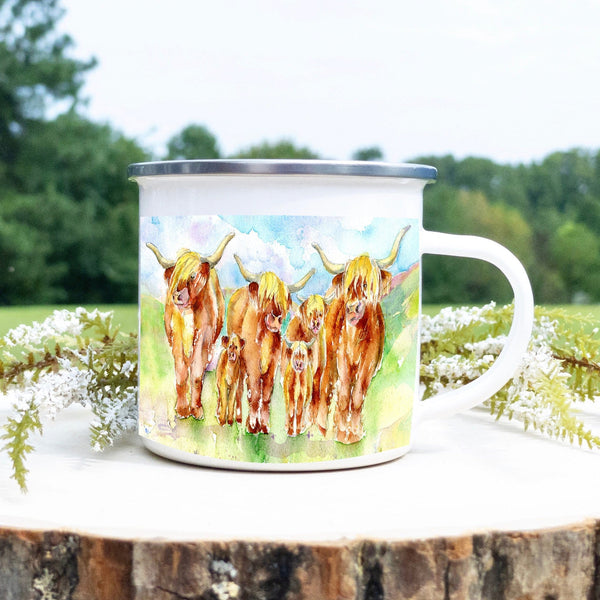 Highland Cows Enamel Mug designed by artist Sheila Gill