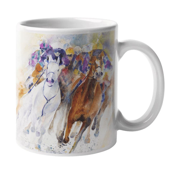 Horse Racing Ceramic Mug Watercolour painted designed by artist Sheila Gill
