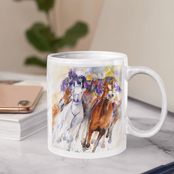 Horse Racing Ceramic Mug designed by artist Sheila Gill