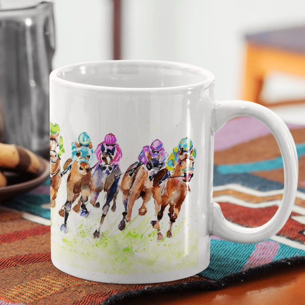 Horse Racing Mug designed by artist Sheila Gill