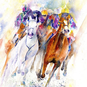 Horse Racing - Coming off the Rails Greeting Card designed by artist Sheila Gill