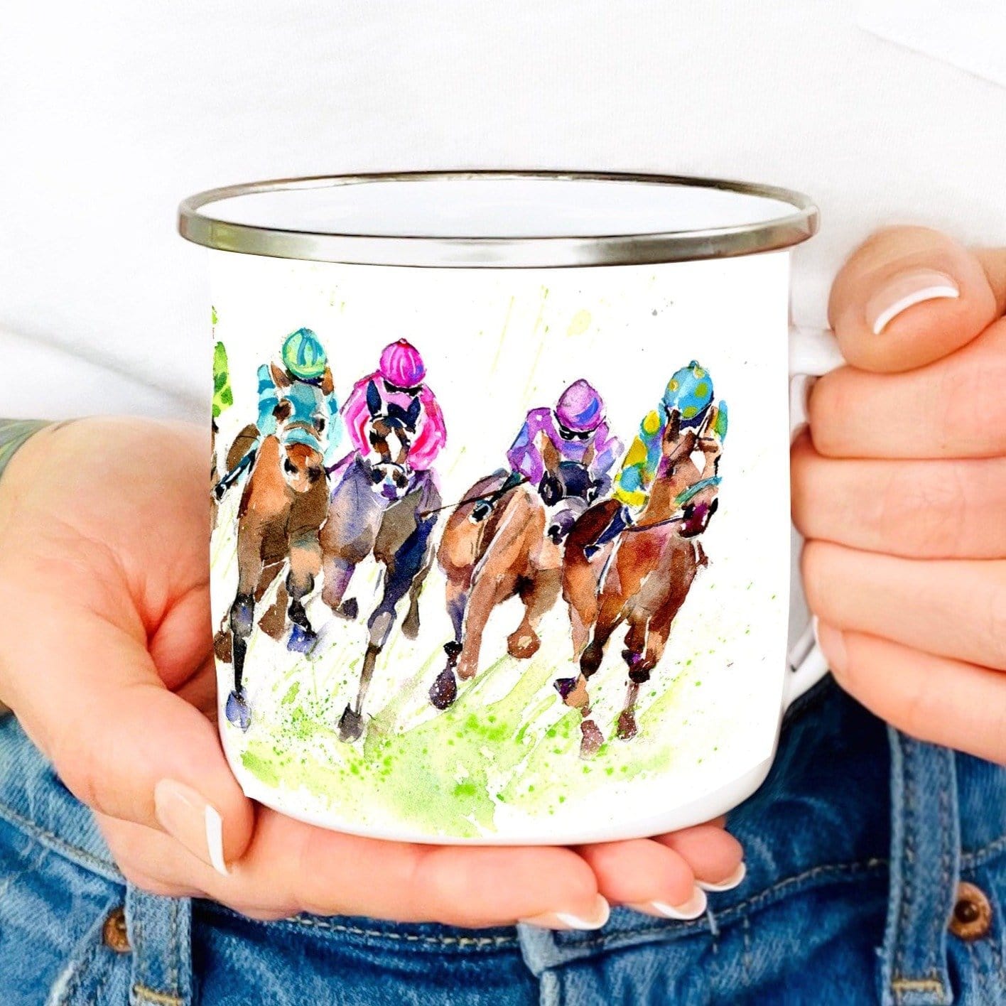 Horse Racing Enamel tin Mug Watercolour painted image designed by artist Sheila Gill
