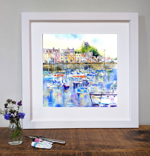Ilfracombe, Devon fine art print in white wooden frame designed by artist Sheila Gill