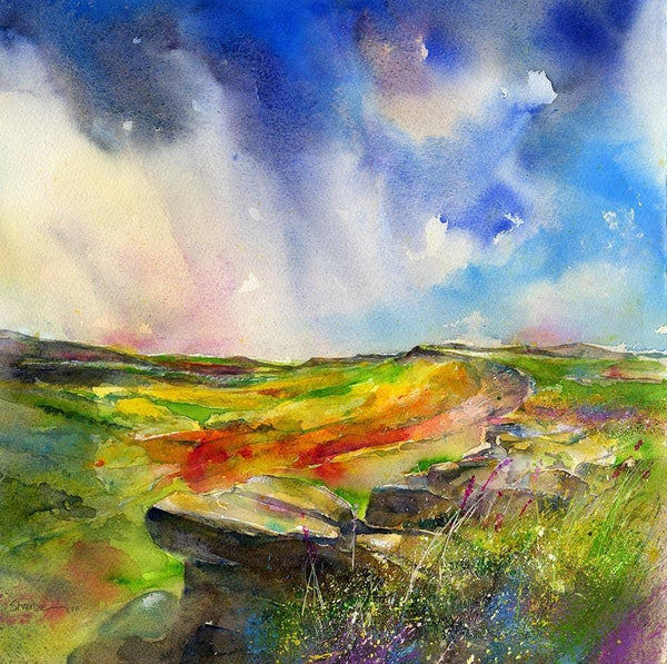 Incoming Rain - Stanage Edge, Peak District Watercolour Landscape Art Print by artist Sheila Gill
