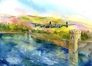 In Flight - Lancaster Bomber over Derwent Dam Watercolour Art Print designed by artist Sheila Gill
