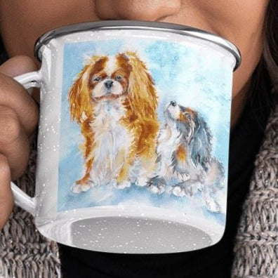 King Charles Spaniel Dogs Enamel Tin Mug Watercolour painted design by artist Sheila Gill