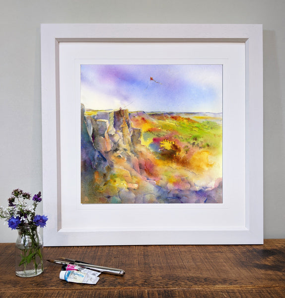 Kite Flying - Curbar Edge, Peak District Landscape Framed Art Print designed by artist Sheila Gill