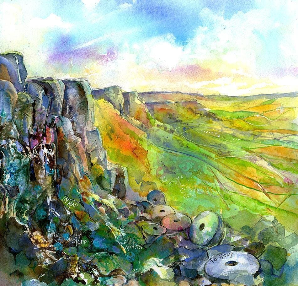 Curbar Edge, Watercolour Derbyshire landscape Peak District Art Print by artist Sheila Gill
