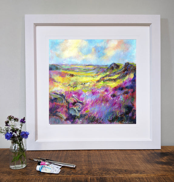 Peak District Heather - Derbyshire Landscape Framed Art Print designed by artist Sheila Gill