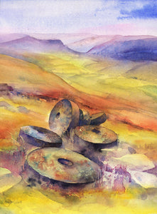 Millstones on Stanage Edge, Peak District Landscape Watercolour Art Print by artist Sheila Gill
