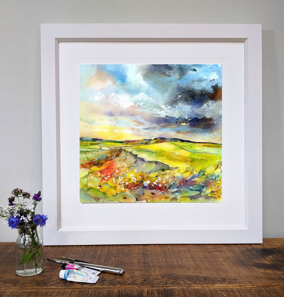 Millstones to Higger Tor Derbyshire landscape Framed Art Print designed by artist Sheila Gill
