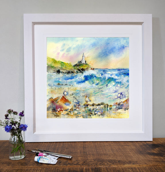 Mumbles Lighthouse - Swansea Bay, Wales Art Print designed by artist Sheila Gill