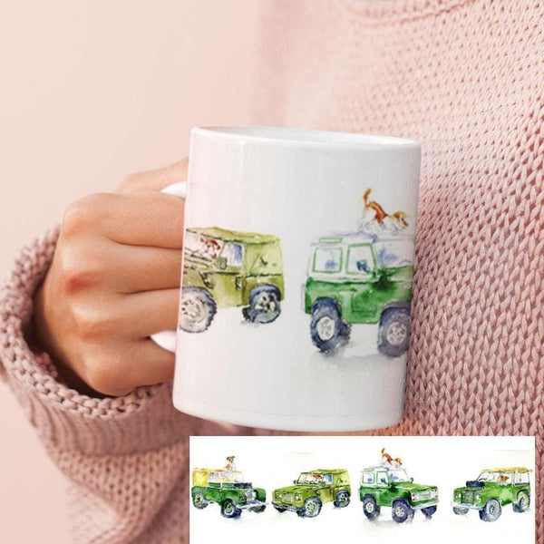 Off-Road Vehicles with Dogs China Mug designed by artist Sheila Gill
