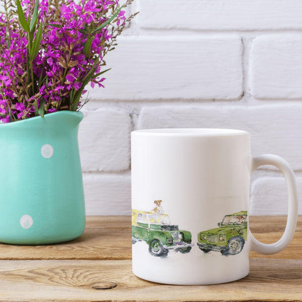 Off-Road Vehicles with Dogs China Mug designed by artist Sheila Gill