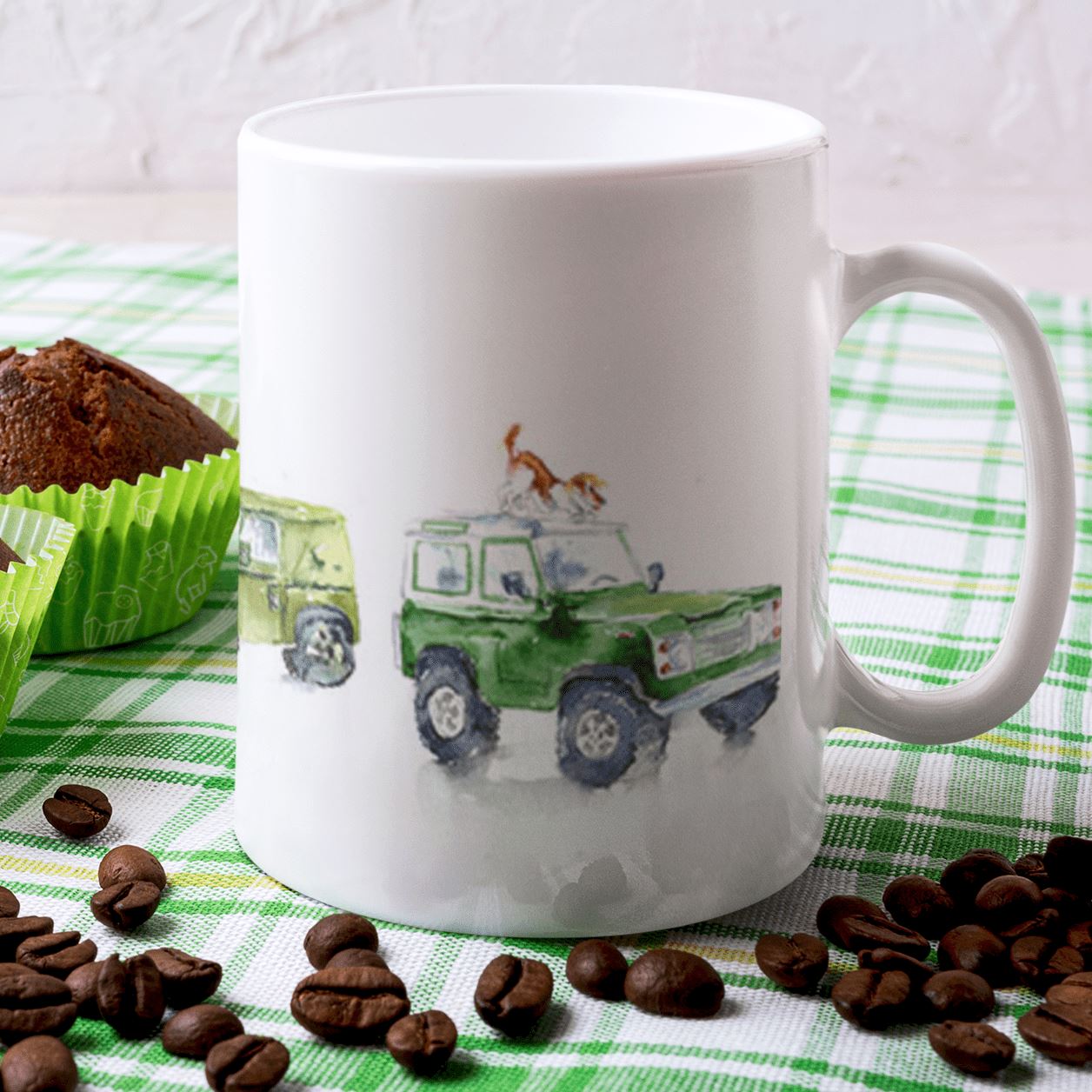Off-Road Vehicles with Dogs China Mug designed by artist Sheila Gill