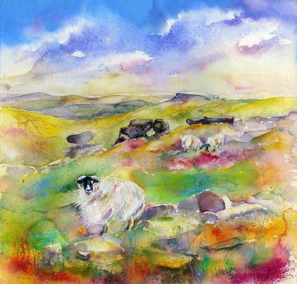 On the Edge - The Woolpacks, Kinder Scout Plateau Watercolour Derbyshire landscape by Sheila Gill
