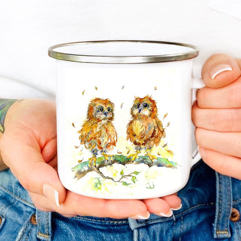 Two Brown Owls Enamel Tin Mug designed by artist Sheila Gill
