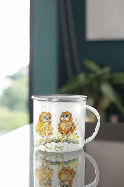 Owls Enamel Mug designed by artist Sheila Gill