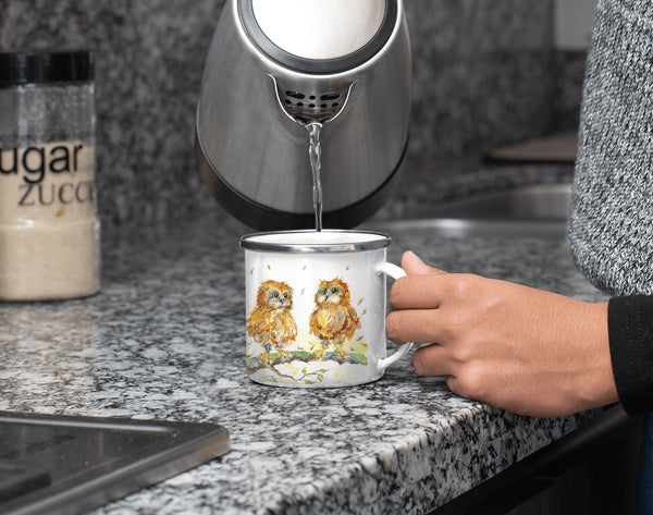 Owletts Owls Bird Enamel Mug designed by artist Sheila Gill