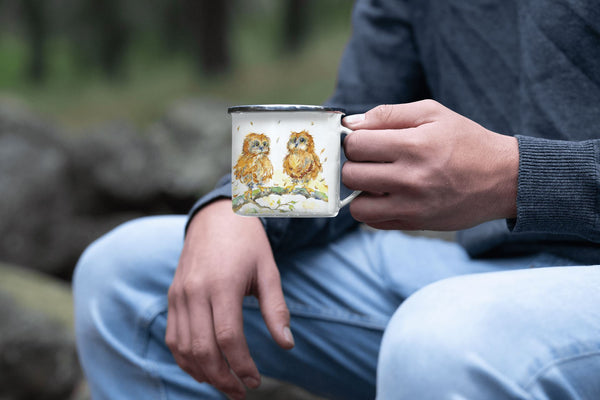 Owls Enamel Mug designed by artist Sheila Gill