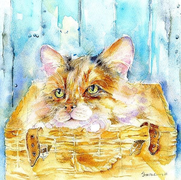 Cat in a Basket Greeting Card designed by artist Sheila Gill