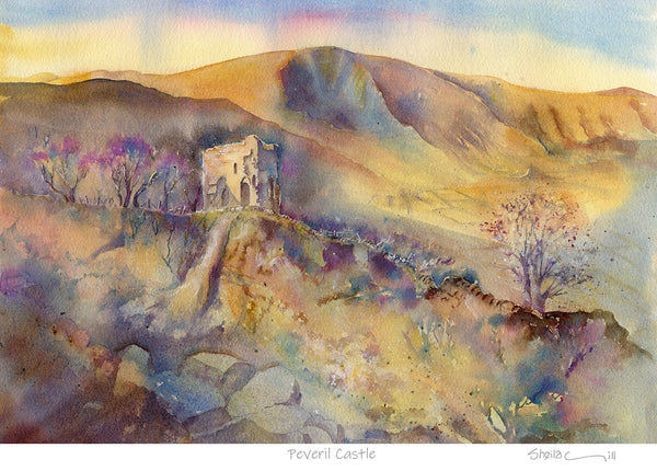 Peveril Castle, Castleton, Derbyshire - Landscape Framed Art Print designed by artist Sheila Gill