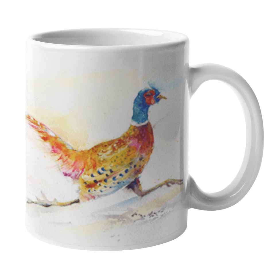 Wild colourful Pheasant Bird Ceramic Mug Watercolour painting designed by artist Sheila Gill
