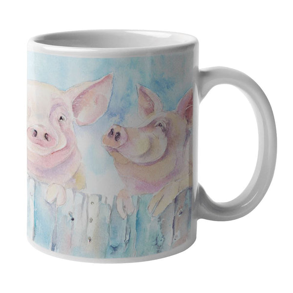 Pink Farmyard Pigs Ceramic Mug designed by artist Sheila Gill
