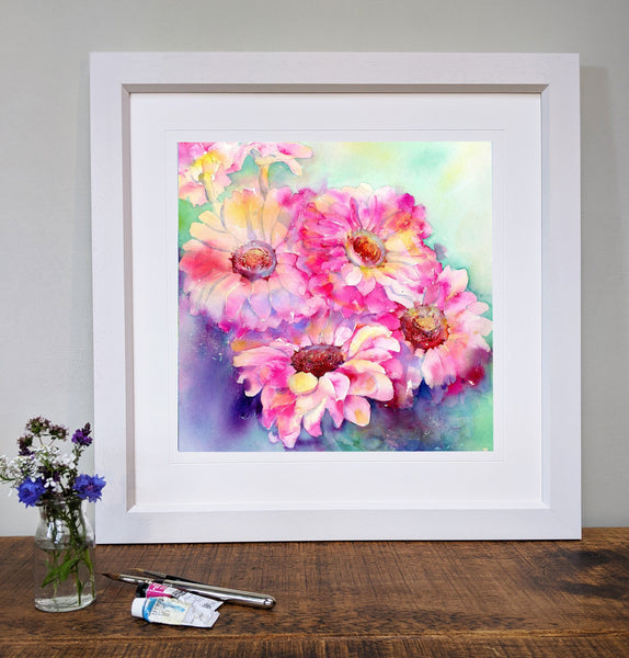 Pink Gerberas - Flower Framed contemporary wall Art Pictures designed by artist Sheila Gill