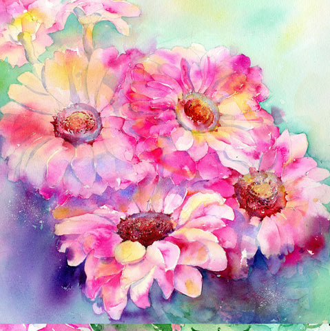Pink Gerberas - Floral Flower Art Picture Watercolour painted by artist Sheila Gill
