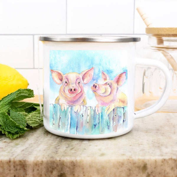 Pink Pigs Enamel Mug designed by artist Sheila Gill