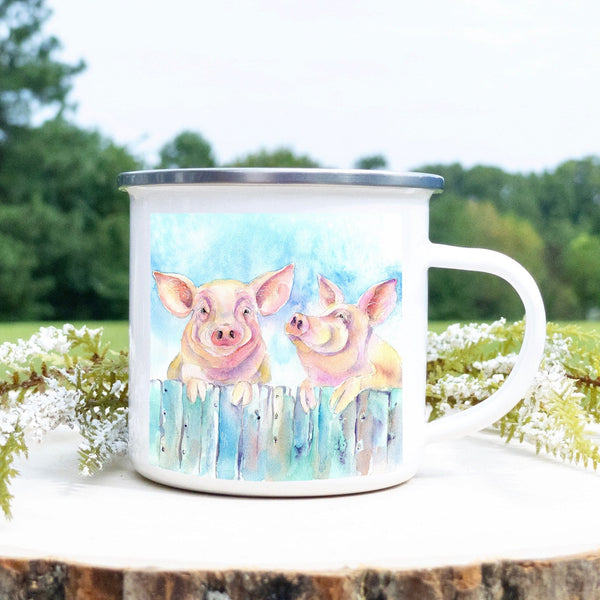 Pink Pigs Enamel Mug designed by artist Sheila Gill