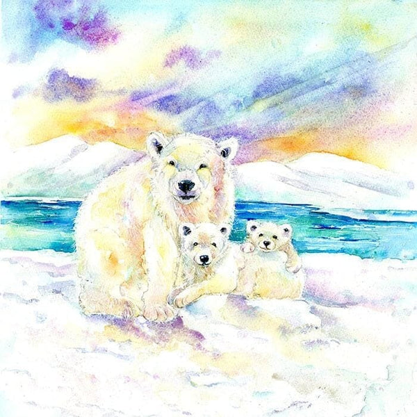 Polar Bear and cubs on the arctic ice Art Picture watercolour designed by artist Sheila Gill
