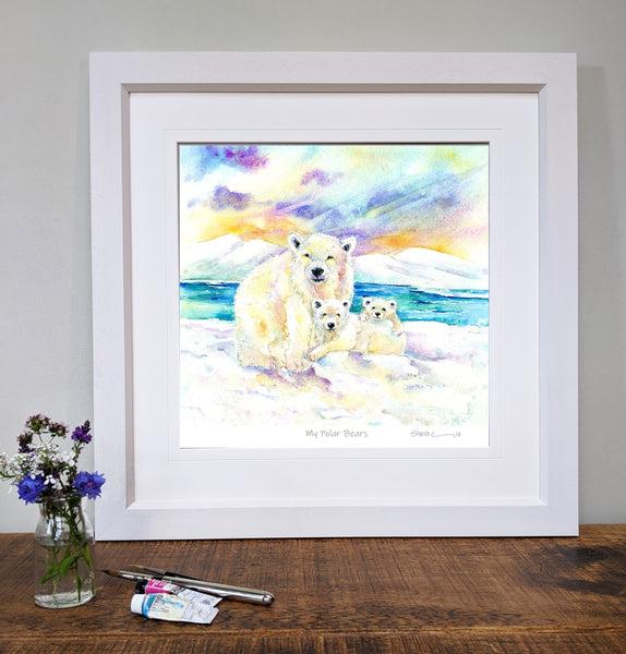 Polar Bears Framed Art Print Wildlife art designed by artist Sheila Gill