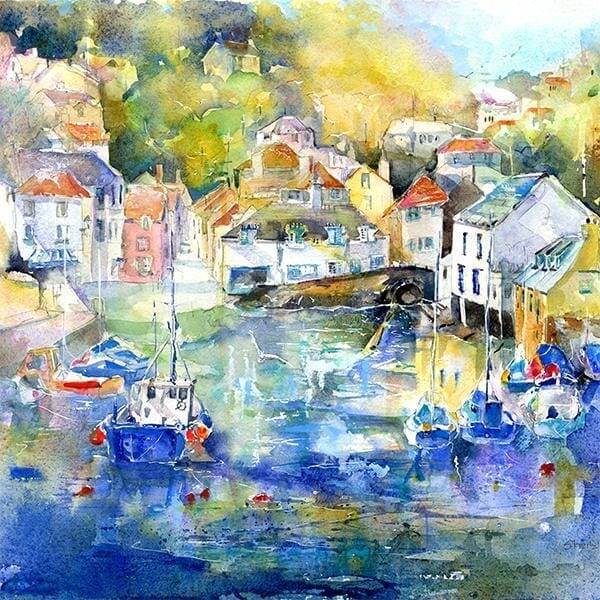 Polperro Harbour Greeting Card designed by artist Sheila Gill
