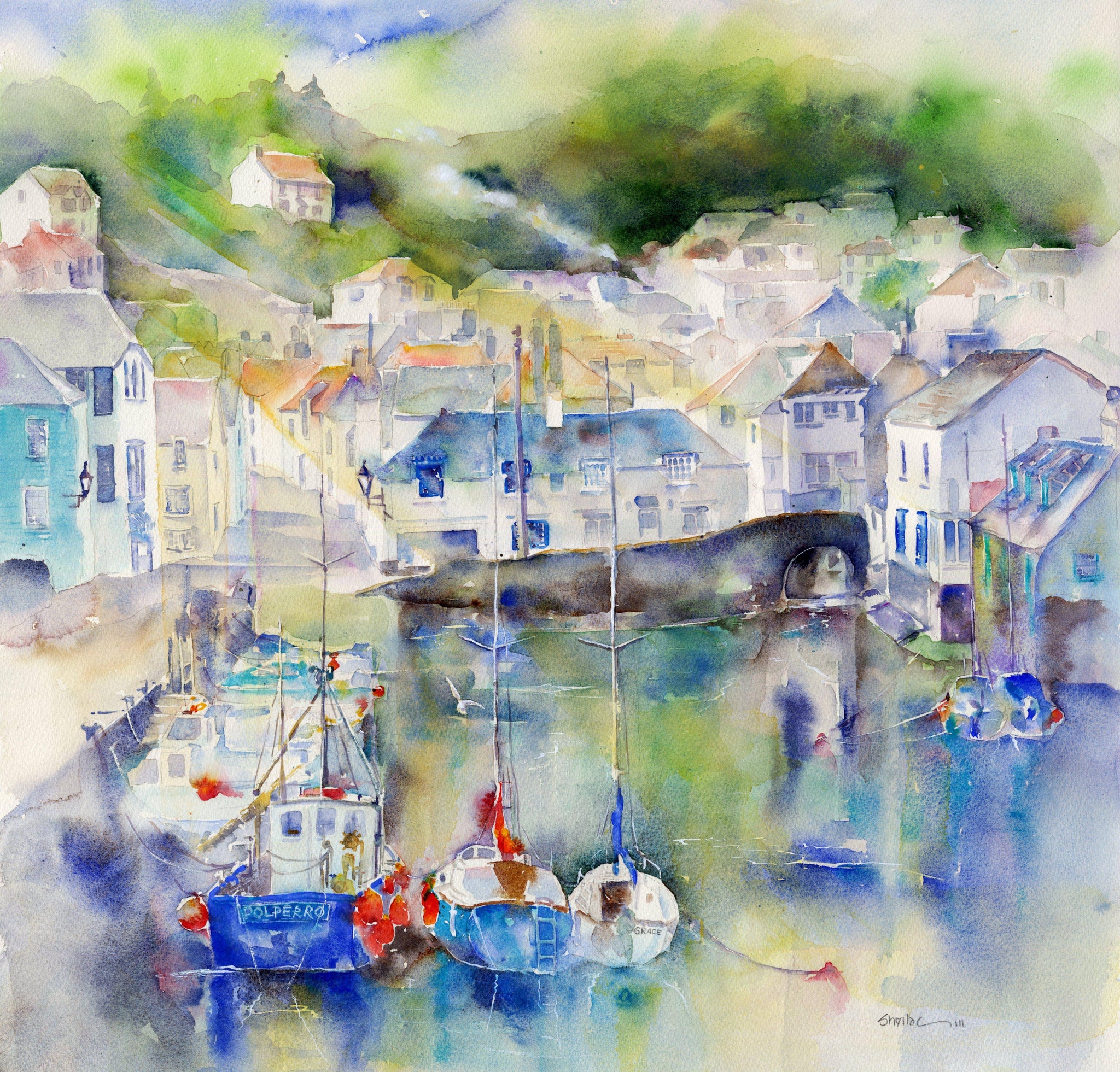 Polperro Harbour, Cornwall Art Print designed by artist Sheila Gill

